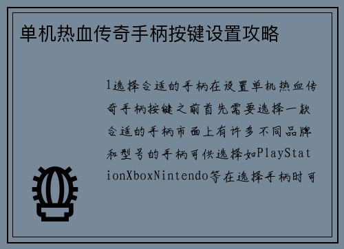 单机热血传奇手柄按键设置攻略